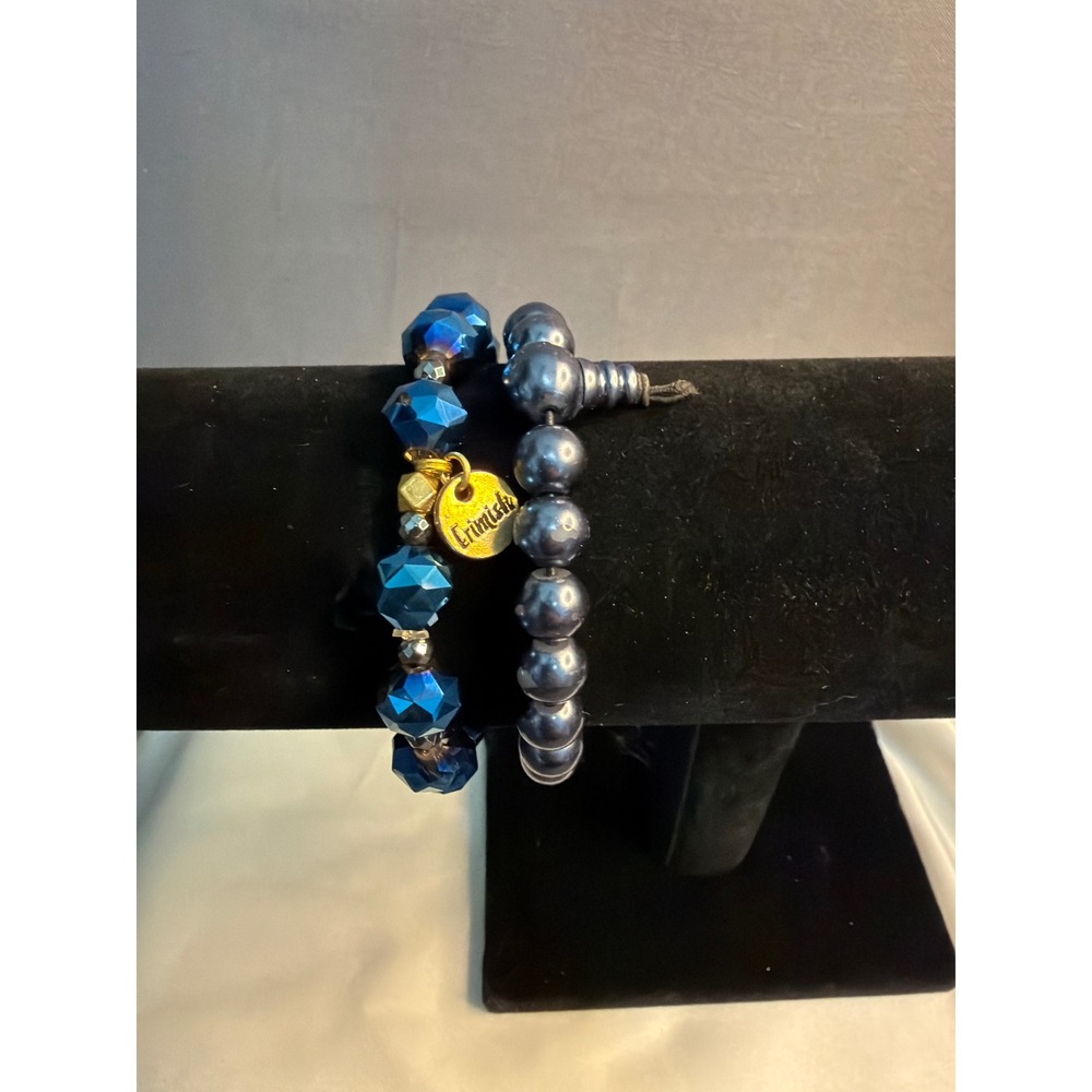 Erimish Blue Beaded Bracelet Set Faceted Crystal and Faux Pearl Stretch Stack